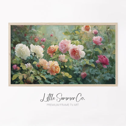 Lush Rose Garden Frame TV Art displayed on a TV