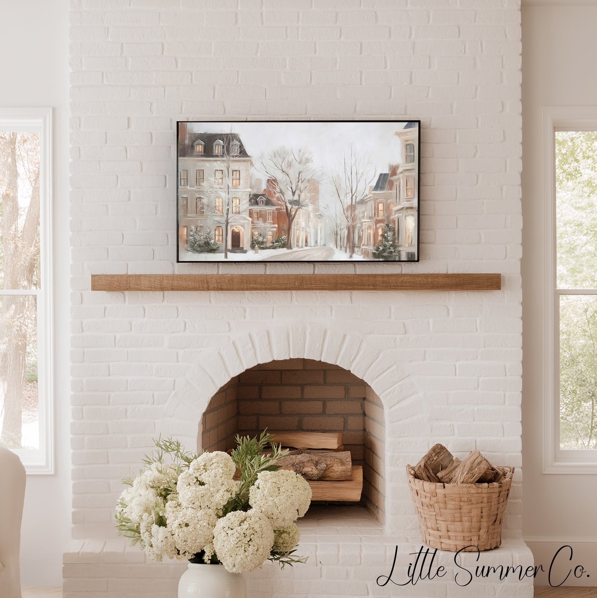 Snowy Townhouses Street Frame TV Art displayed on a TV