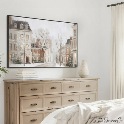 Snowy Townhouses Street Frame TV Art displayed on a TV
