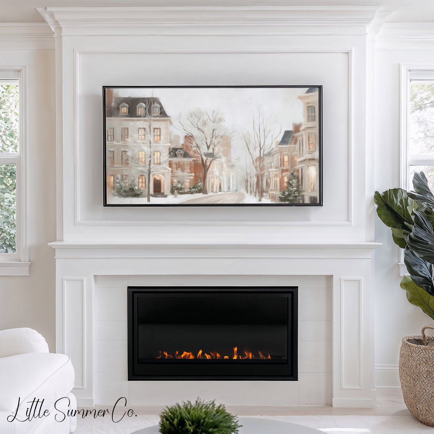 Snowy Townhouses Street Frame TV Art displayed on a TV
