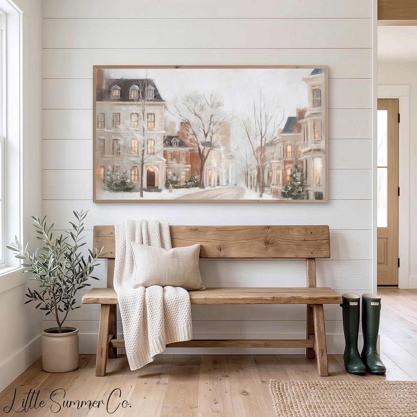 Snowy Townhouses Street Frame TV Art displayed on a TV