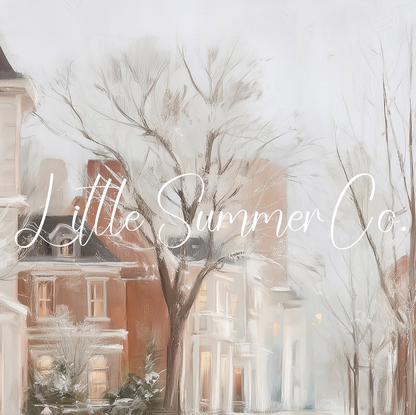 Snowy Townhouses Street Frame TV Art displayed on a TV