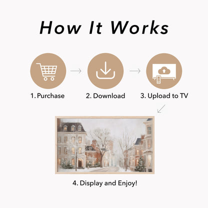 Snowy Townhouses Street Frame TV Art displayed on a TV