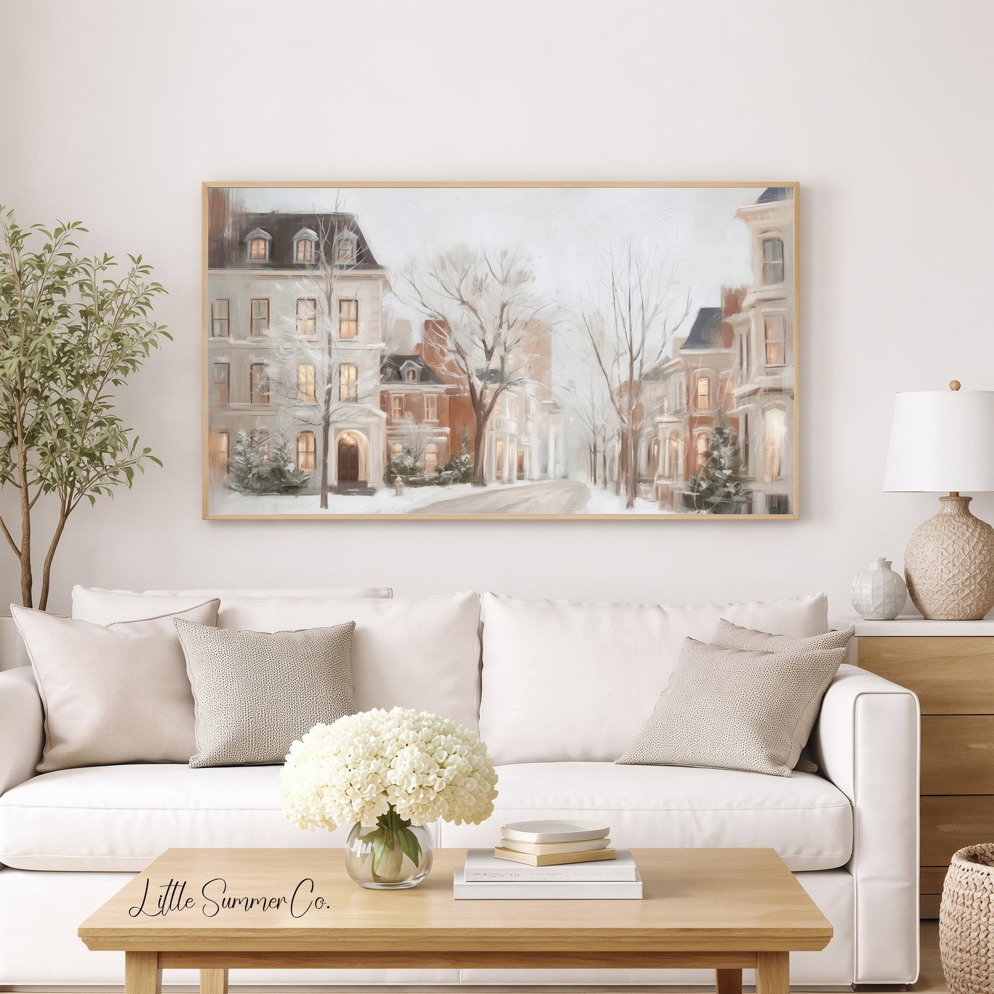 Snowy Townhouses Street Frame TV Art displayed on a TV