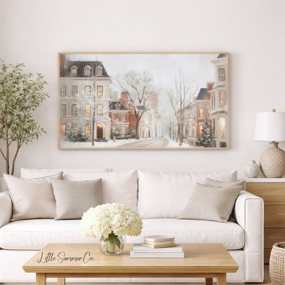 Snowy Townhouses Street Frame TV Art displayed on a TV