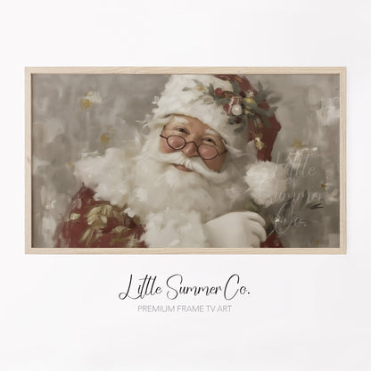 Santa Claus With Holly And Glasses Frame TV Art displayed on a TV
