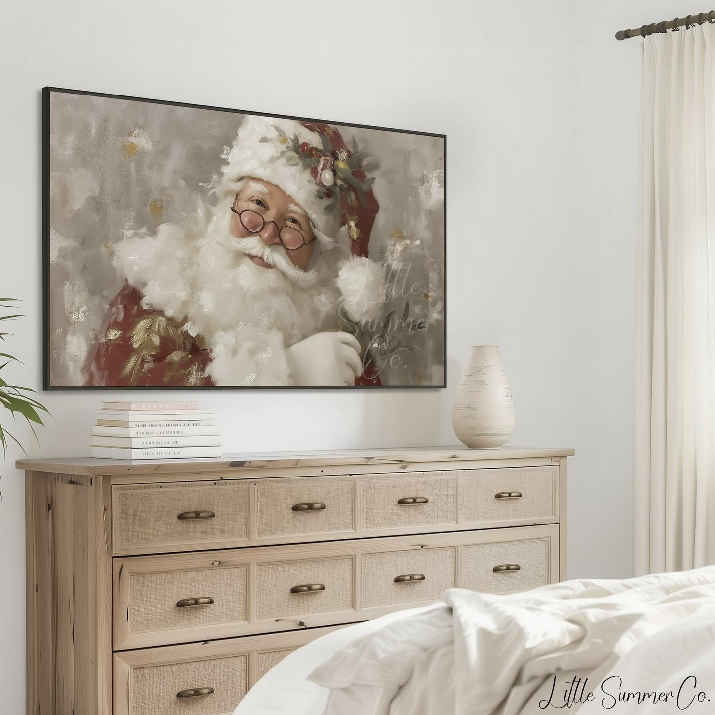 Santa Claus With Holly And Glasses Frame TV Art displayed on a TV