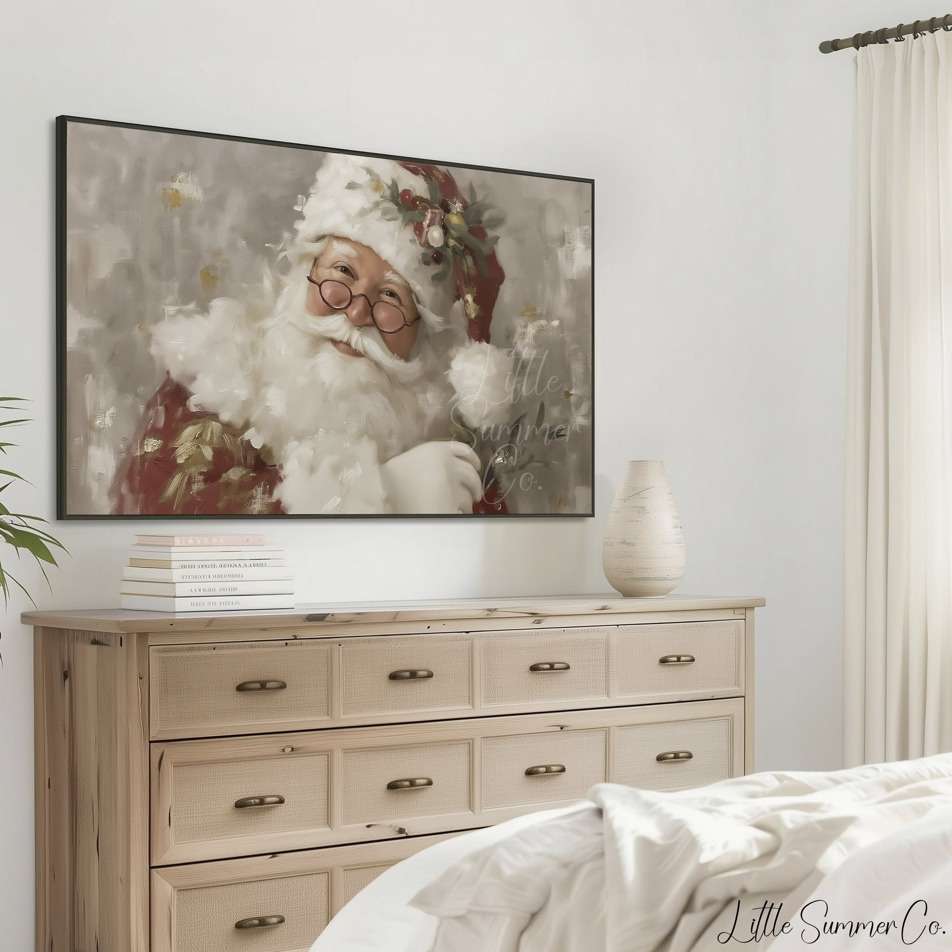 Santa Claus With Holly And Glasses Frame TV Art displayed on a TV