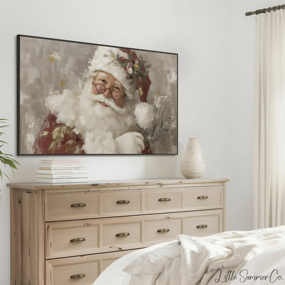 Santa Claus With Holly And Glasses Frame TV Art displayed on a TV