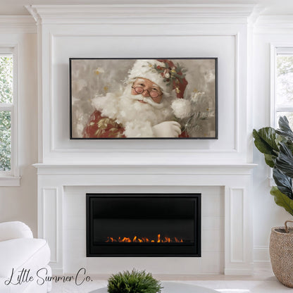 Santa Claus With Holly And Glasses Frame TV Art displayed on a TV