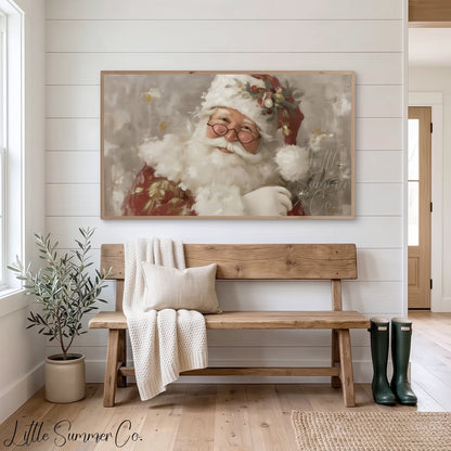 Santa Claus With Holly And Glasses Frame TV Art displayed on a TV