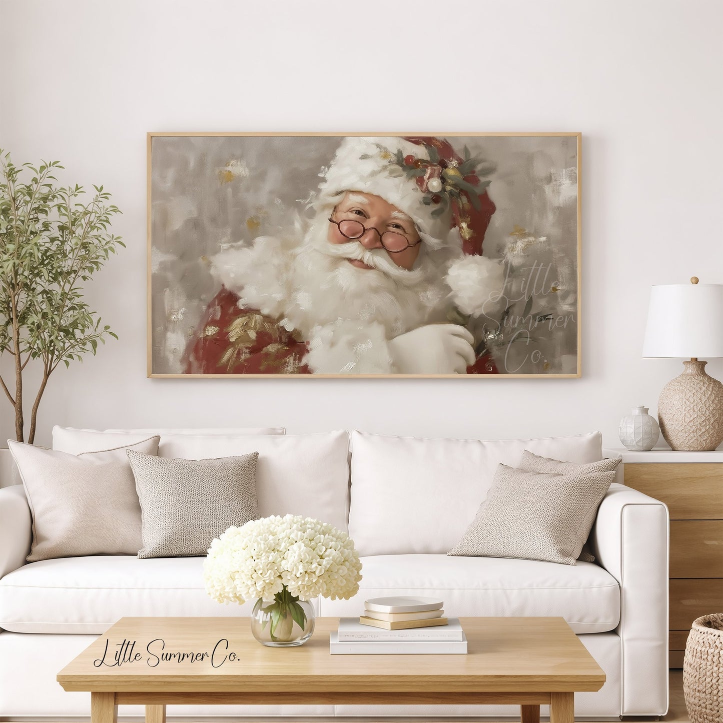 Santa Claus With Holly And Glasses Frame TV Art displayed on a TV