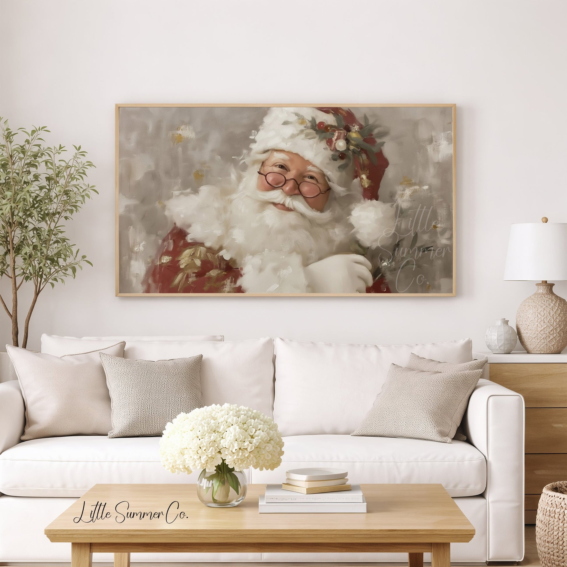 Santa Claus With Holly And Glasses Frame TV Art displayed on a TV