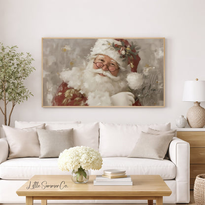 Santa Claus With Holly And Glasses Frame TV Art displayed on a TV