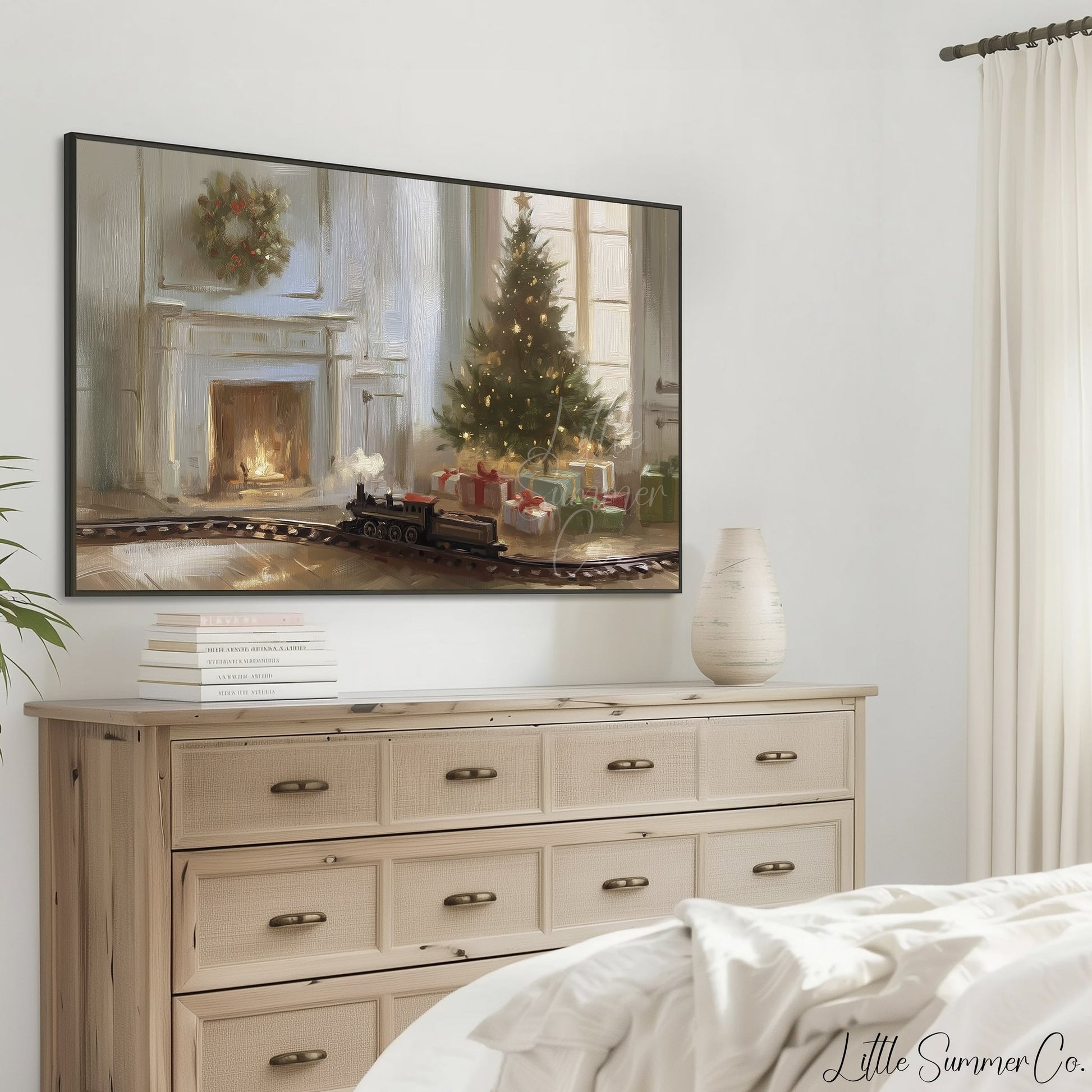 Christmas Tree And Train Frame TV Art displayed on a TV