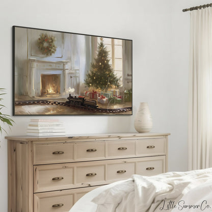 Christmas Tree And Train Frame TV Art displayed on a TV