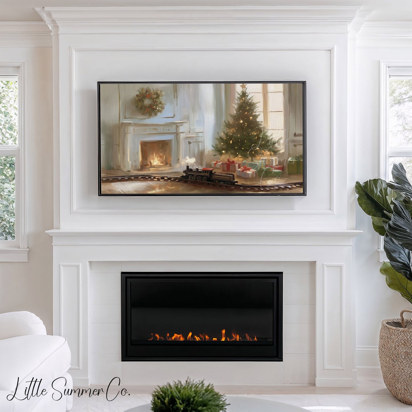 Christmas Tree And Train Frame TV Art displayed on a TV