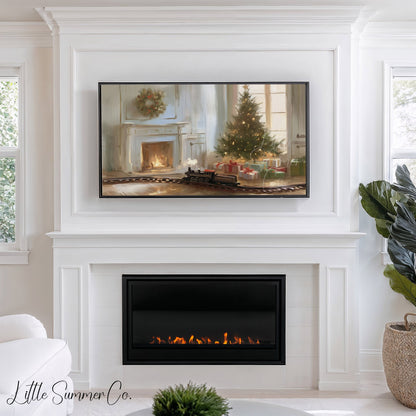 Christmas Tree And Train Frame TV Art displayed on a TV