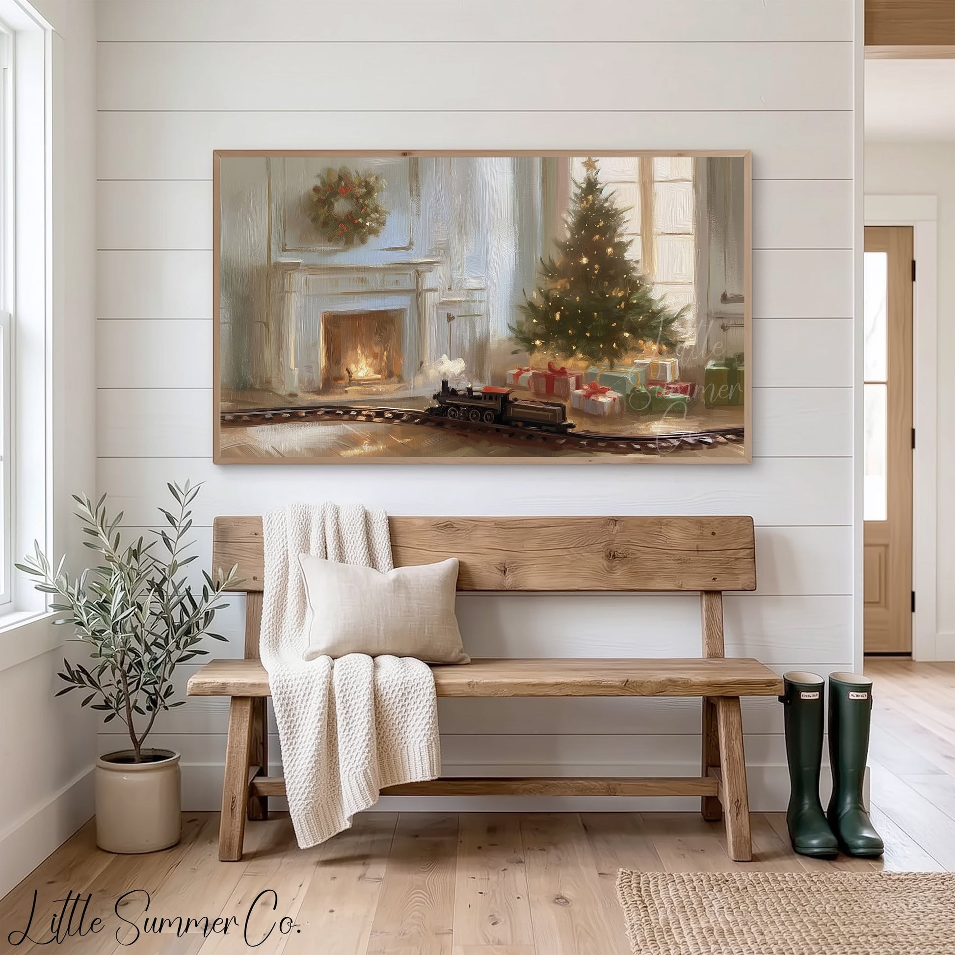 Christmas Tree And Train Frame TV Art displayed on a TV