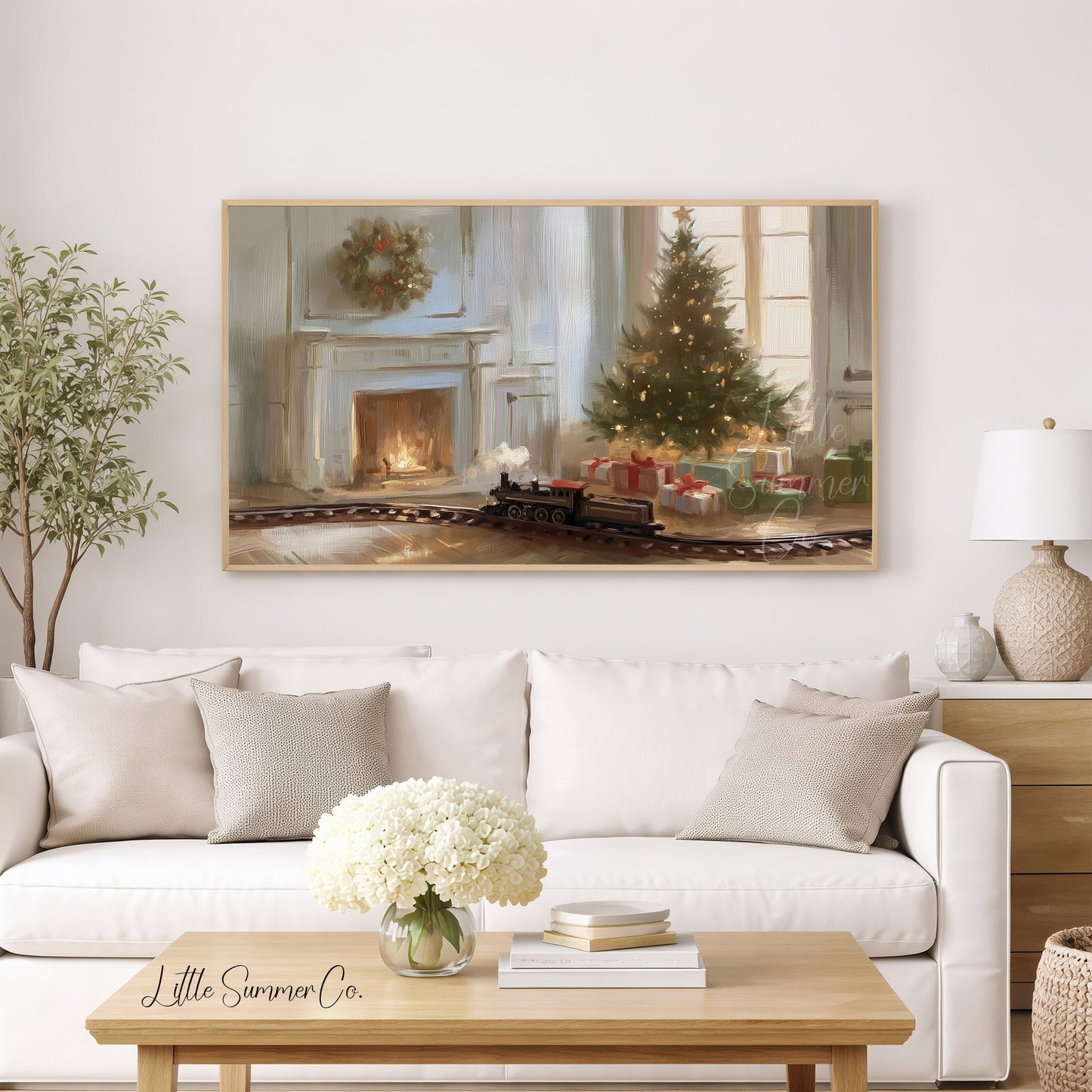 Christmas Tree And Train Frame TV Art displayed on a TV