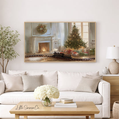 Christmas Tree And Train Frame TV Art displayed on a TV