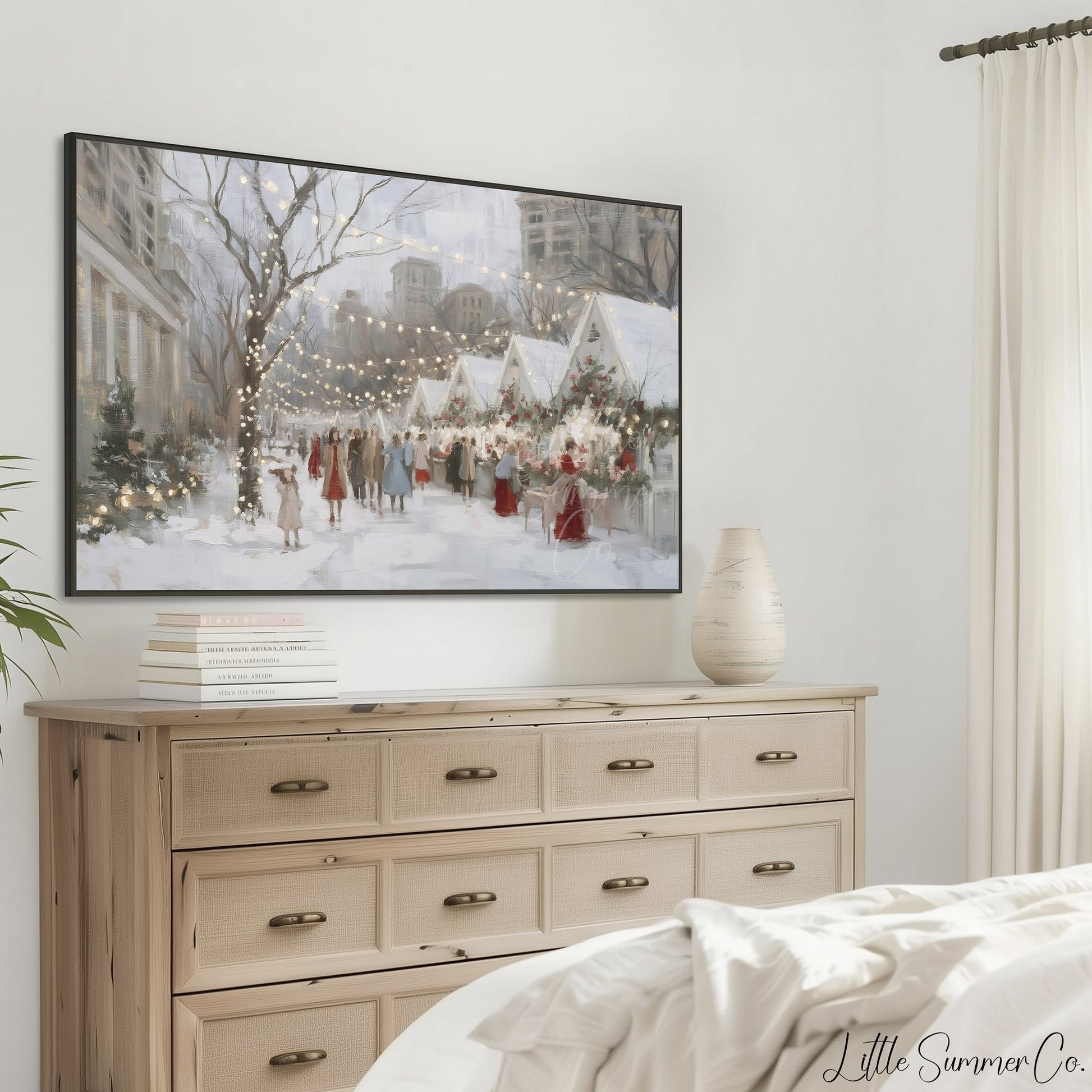 Christmas Market Street Frame TV Art displayed on a TV