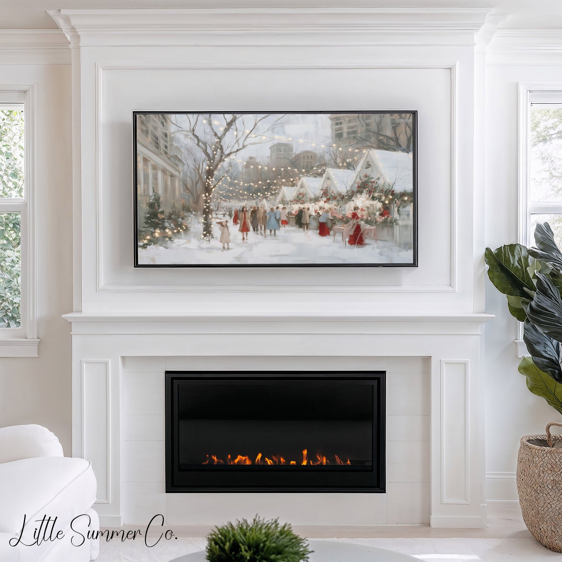 Christmas Market Street Frame TV Art displayed on a TV