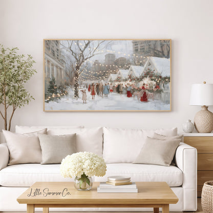 Christmas Market Street Frame TV Art displayed on a TV