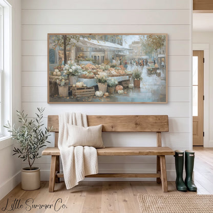 Pumpkin Flower Market Frame TV Art displayed on a TV