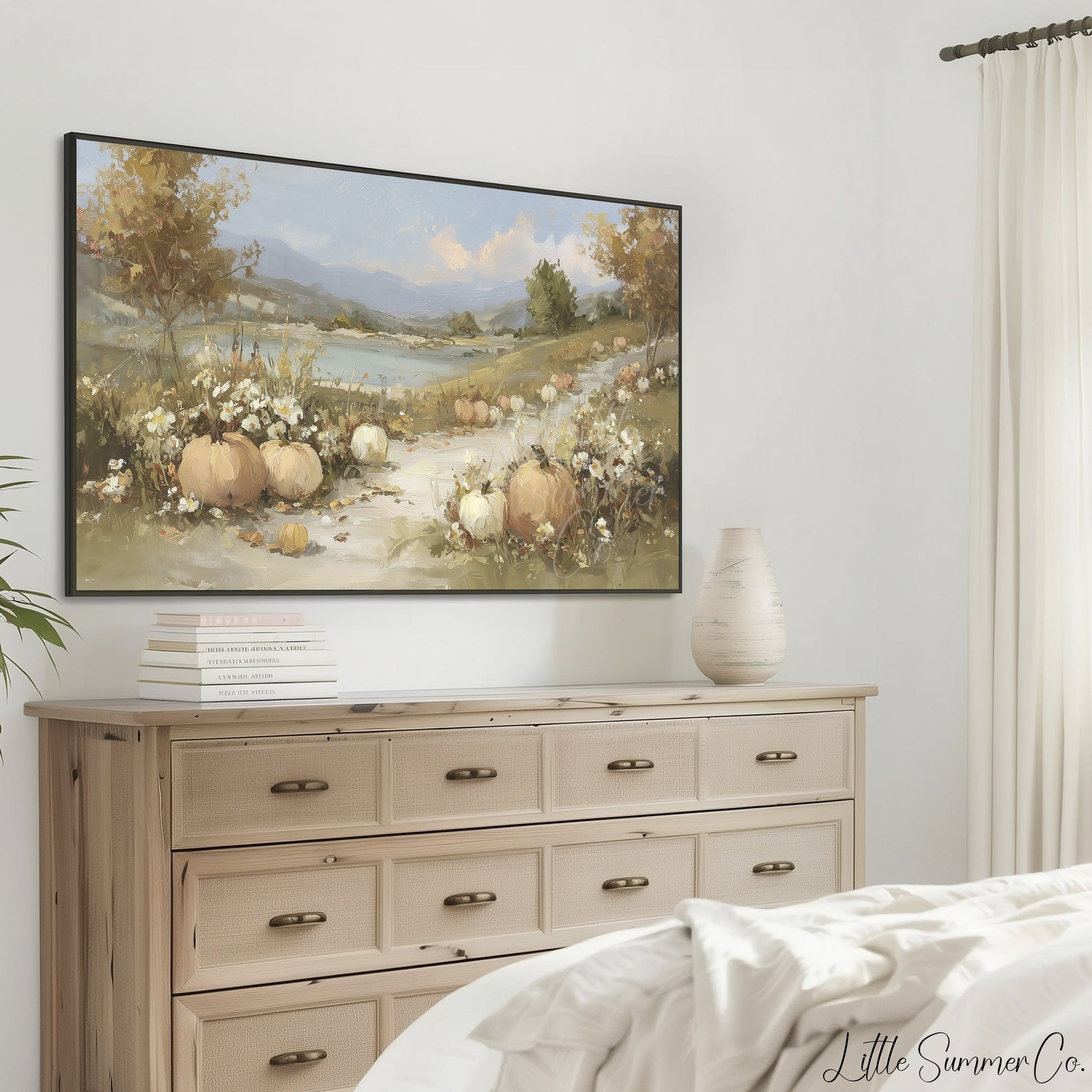 Pumpkin Lake Path Frame TV Art displayed on a TV