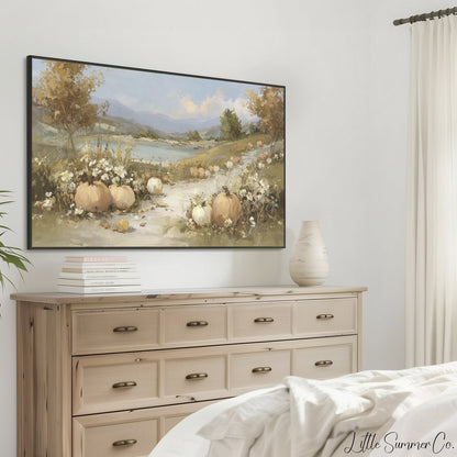 Pumpkin Lake Path Frame TV Art displayed on a TV