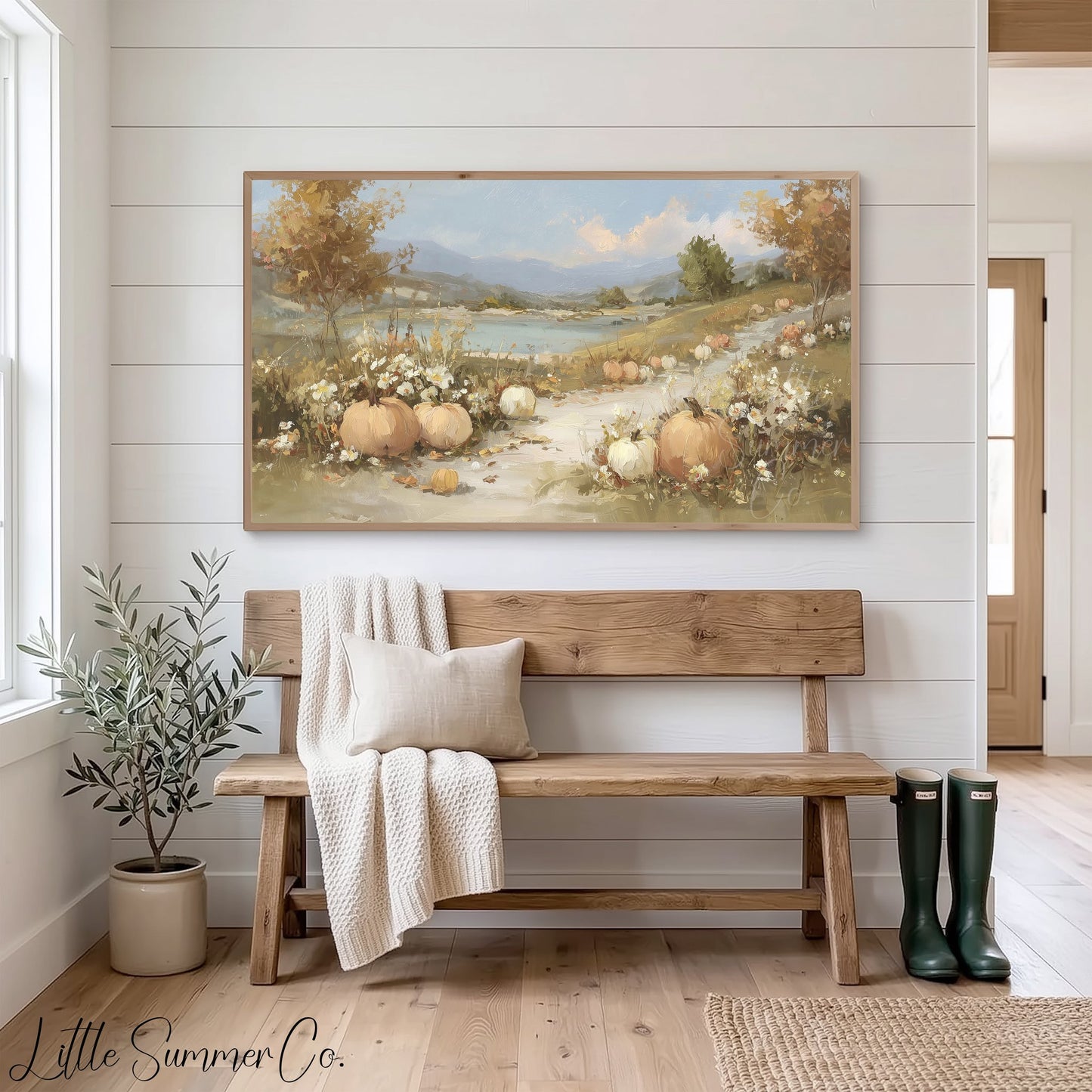 Pumpkin Lake Path Frame TV Art displayed on a TV