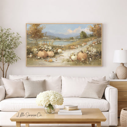 Pumpkin Lake Path Frame TV Art displayed on a TV