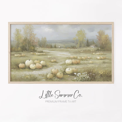 Rustic Pumpkin Field Farmhouse View Frame TV Art displayed on a TV