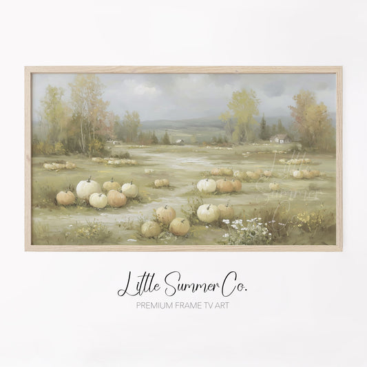 Rustic Pumpkin Field Farmhouse View Frame TV Art displayed on a TV