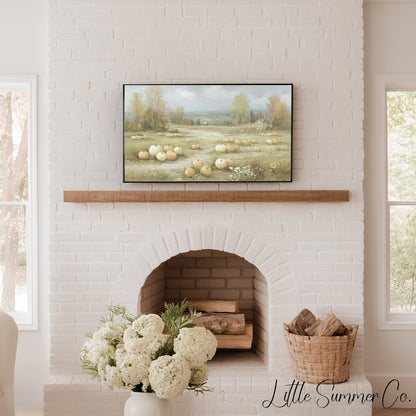 Rustic Pumpkin Field Farmhouse View Frame TV Art displayed on a TV