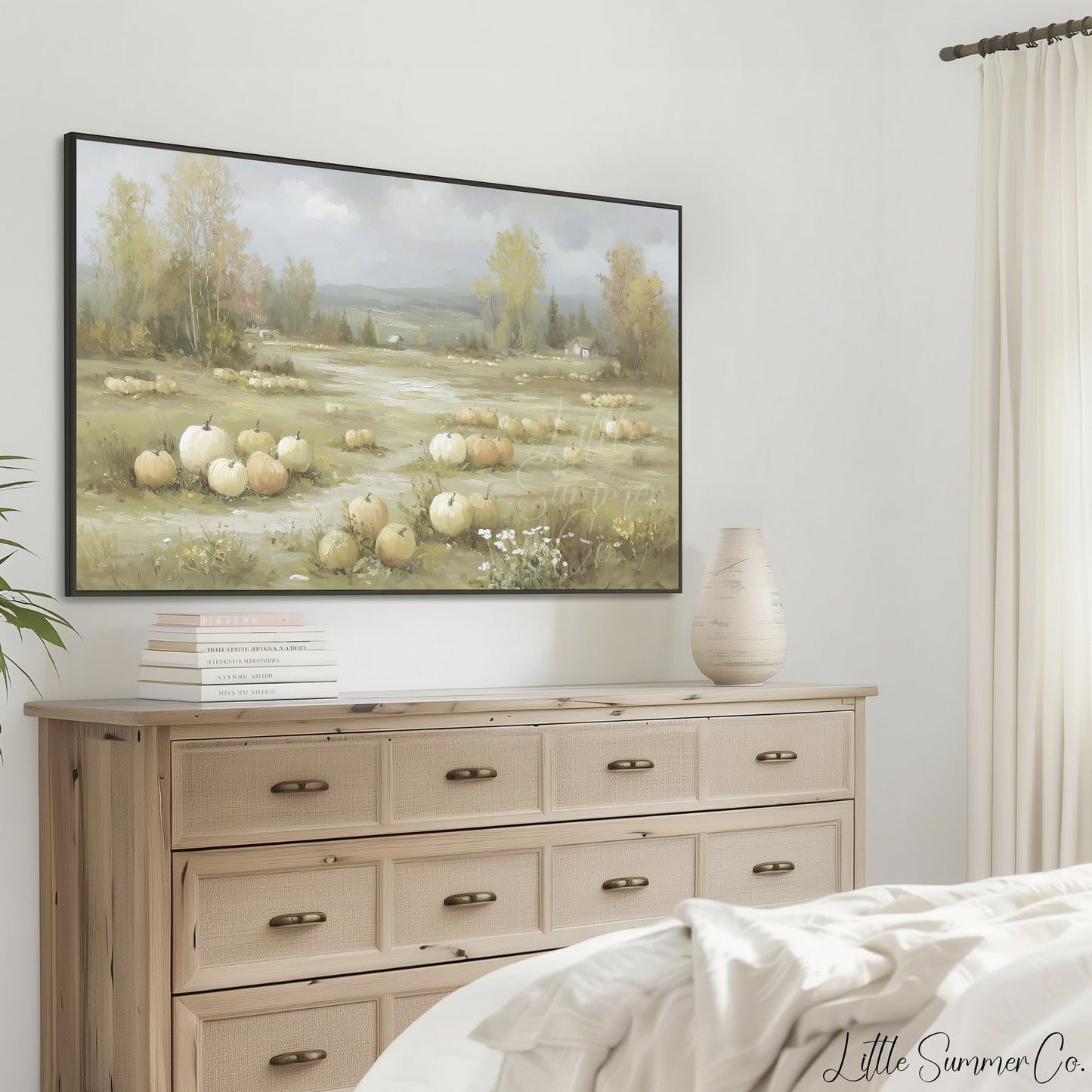 Rustic Pumpkin Field Farmhouse View Frame TV Art displayed on a TV