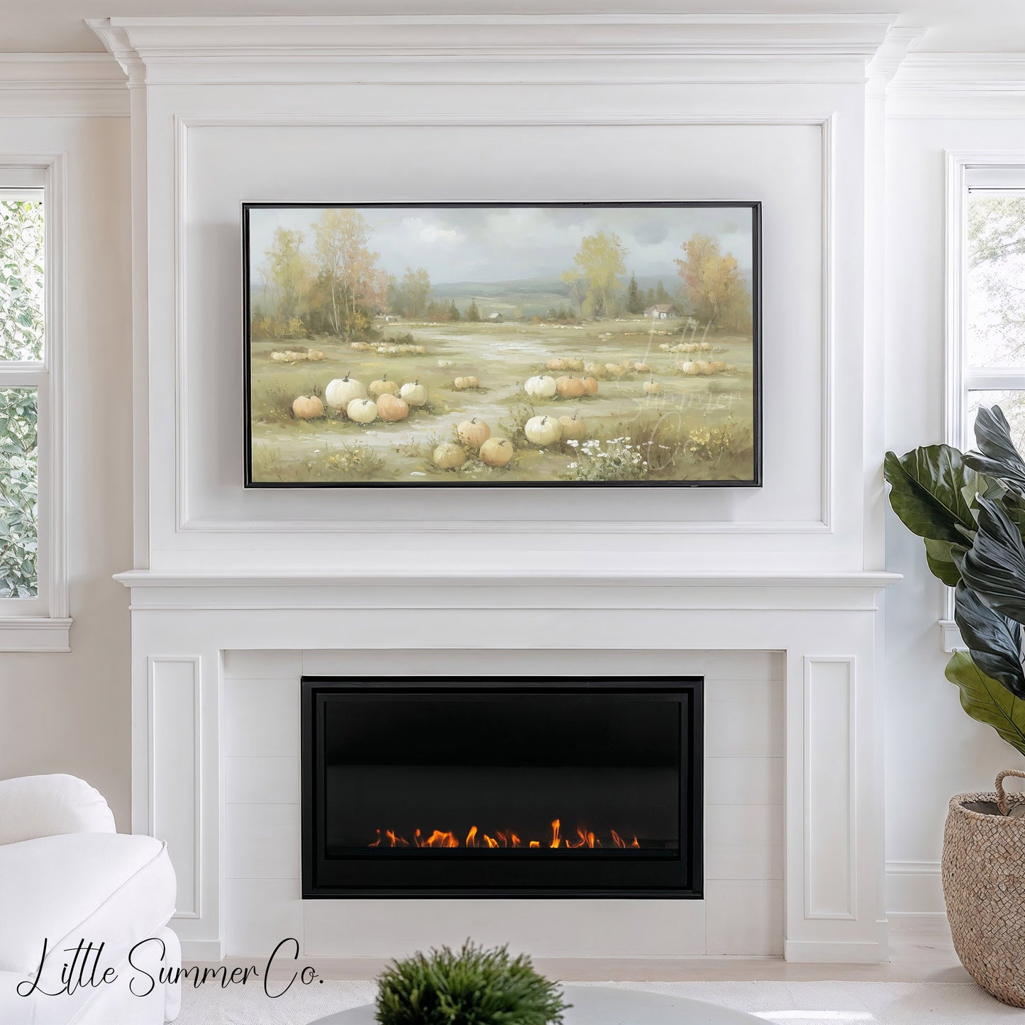 Rustic Pumpkin Field Farmhouse View Frame TV Art displayed on a TV
