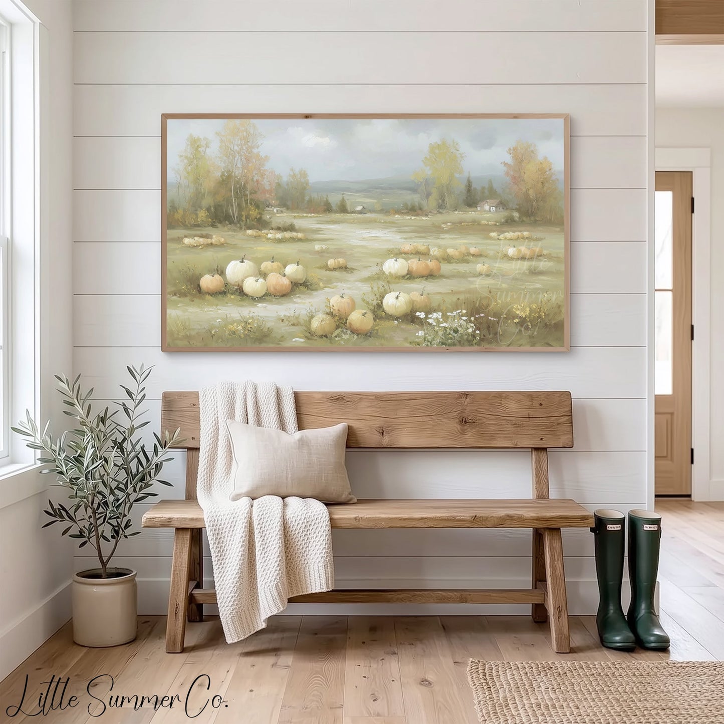 Rustic Pumpkin Field Farmhouse View Frame TV Art displayed on a TV