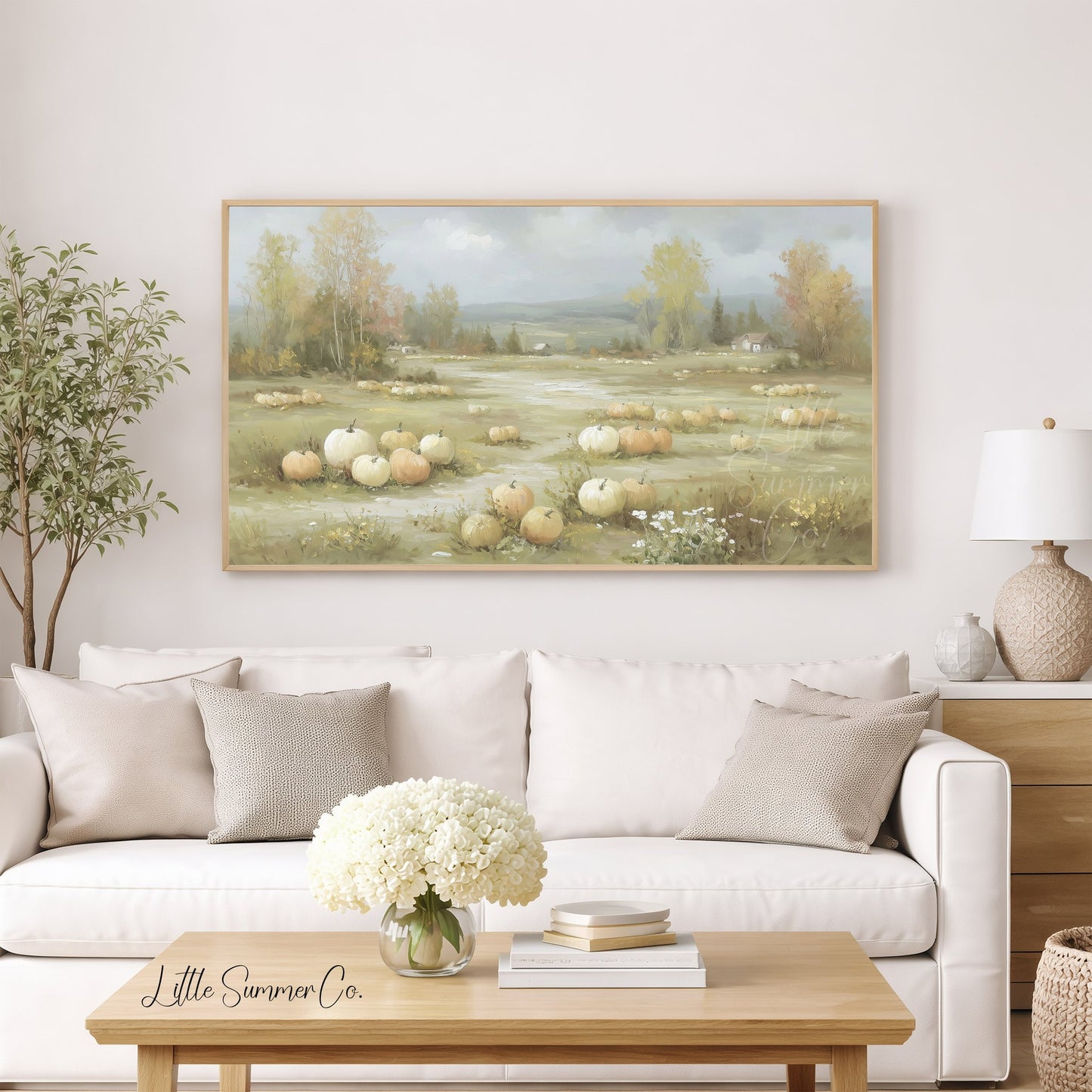 Rustic Pumpkin Field Farmhouse View Frame TV Art displayed on a TV