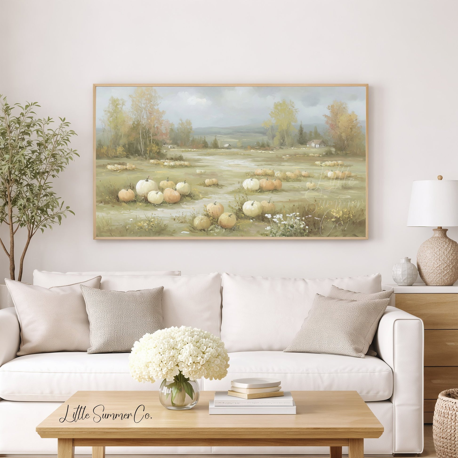 Rustic Pumpkin Field Farmhouse View Frame TV Art displayed on a TV