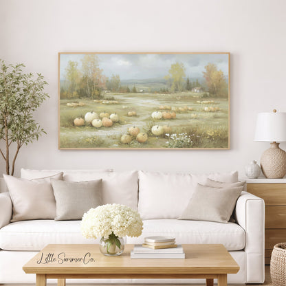 Rustic Pumpkin Field Farmhouse View Frame TV Art displayed on a TV