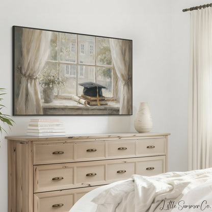 Graduation Cap Books Windowsill Frame TV Art displayed on a TV