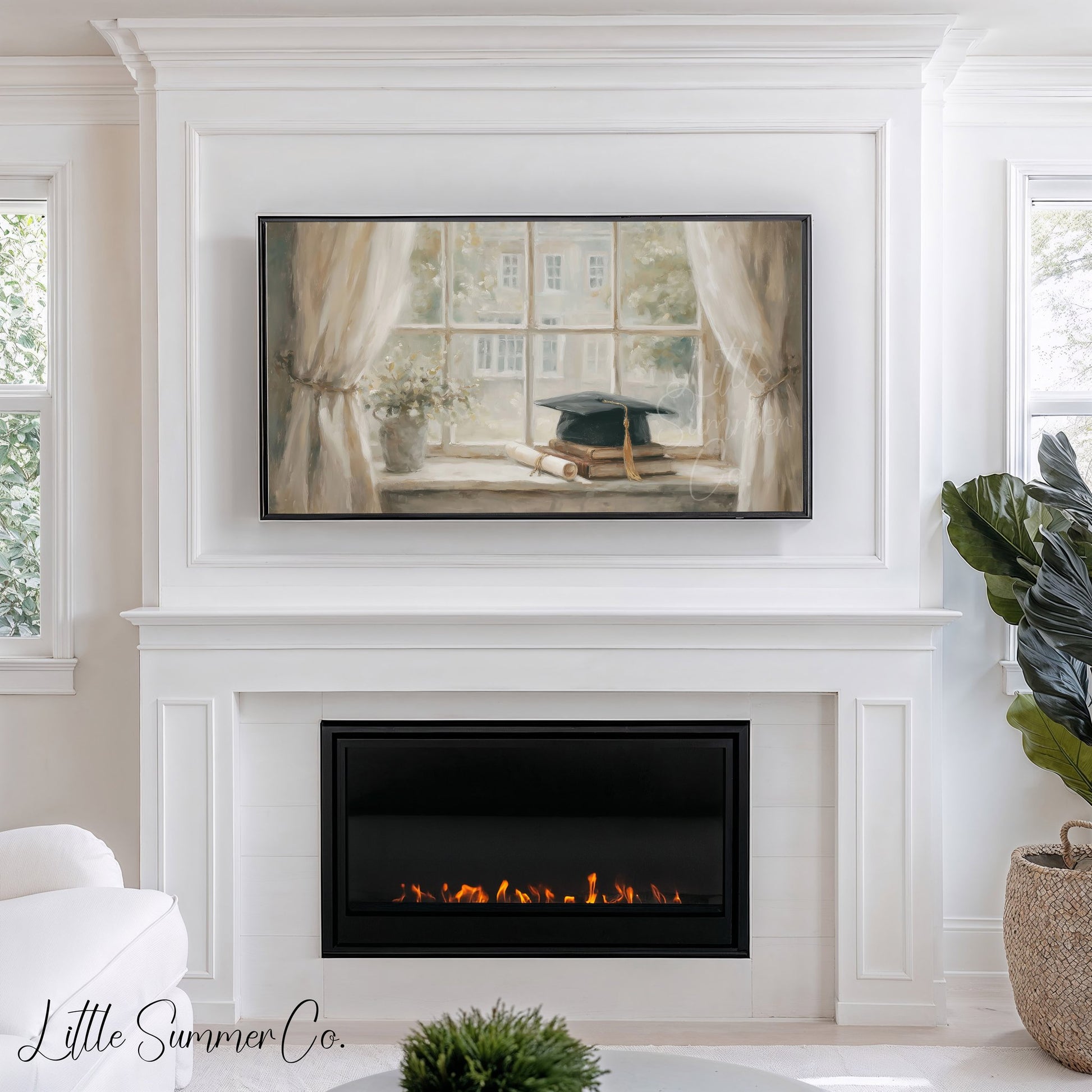 Graduation Cap Books Windowsill Frame TV Art displayed on a TV