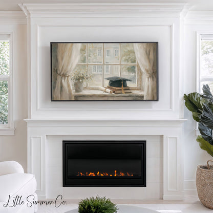 Graduation Cap Books Windowsill Frame TV Art displayed on a TV