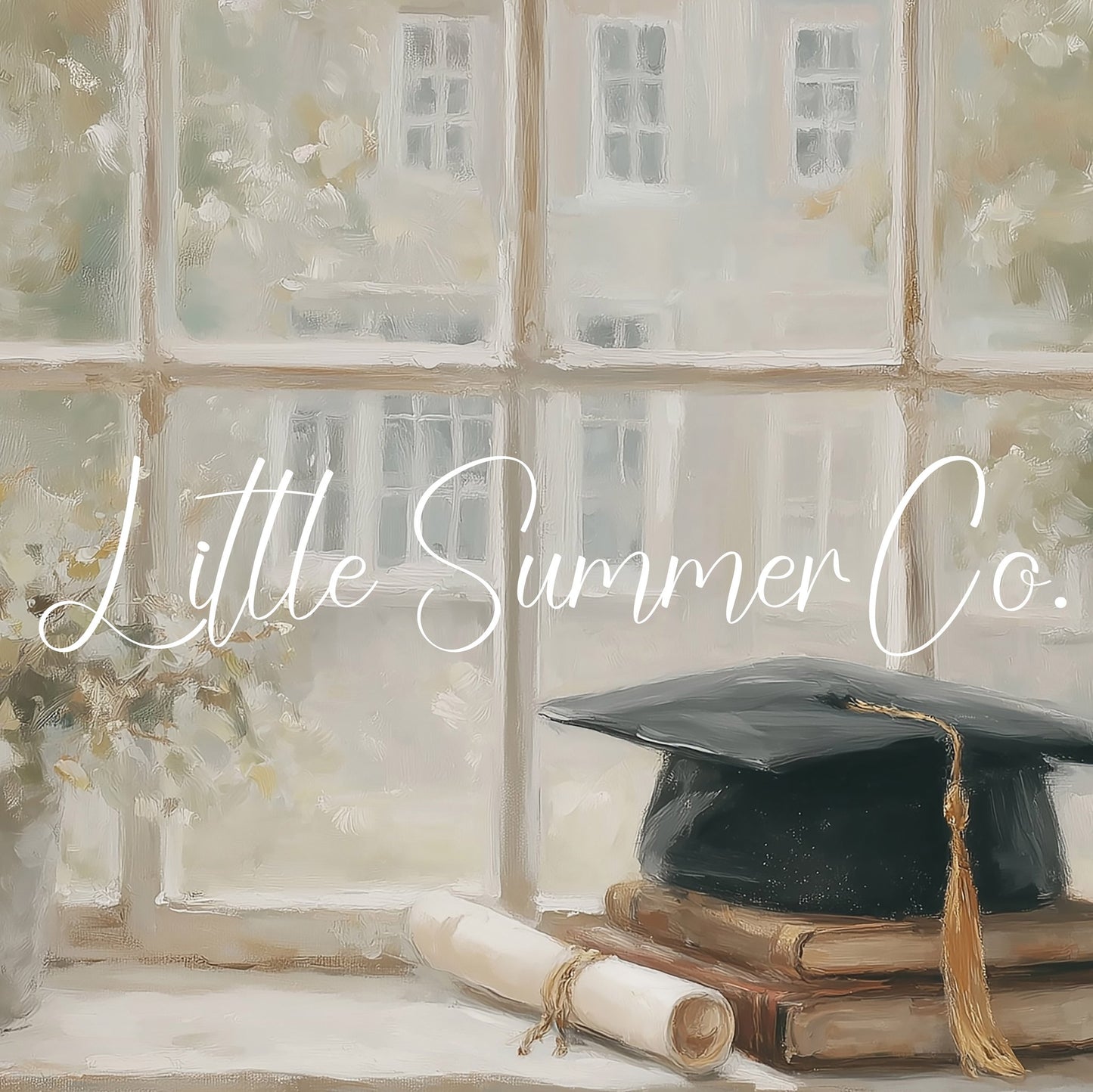 Graduation Cap Books Windowsill Frame TV Art displayed on a TV