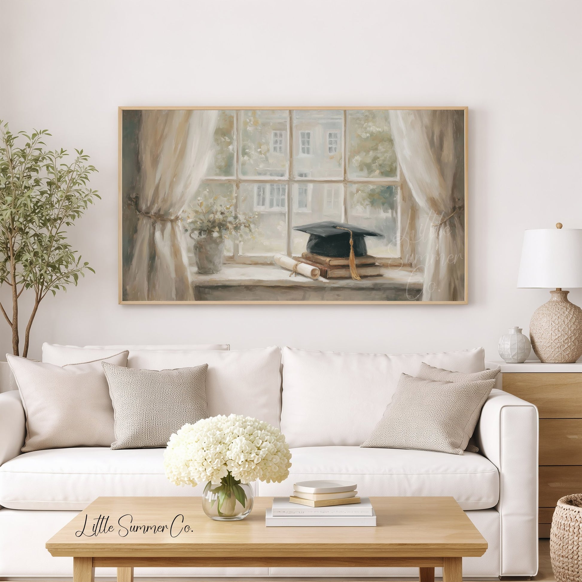 Graduation Cap Books Windowsill Frame TV Art displayed on a TV