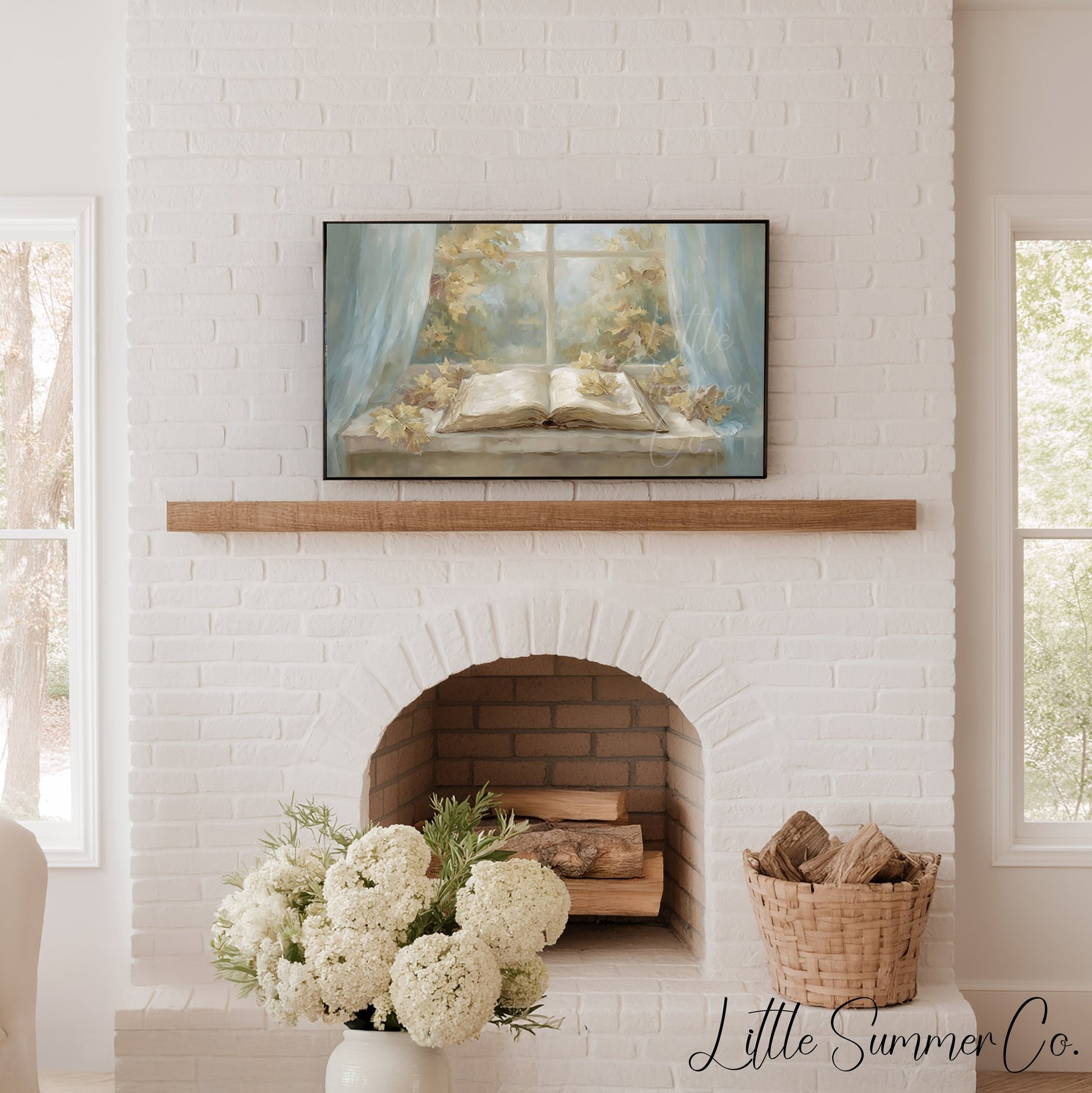 Window Book Leaves Frame TV Art displayed on a TV