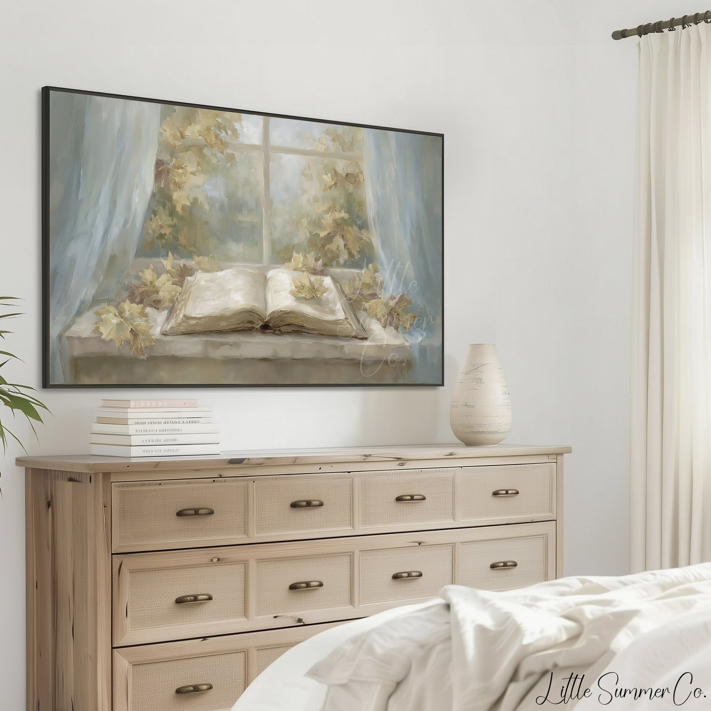 Window Book Leaves Frame TV Art displayed on a TV