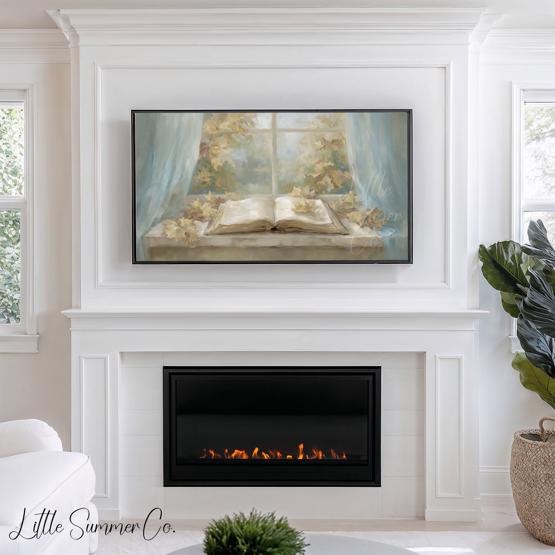 Window Book Leaves Frame TV Art displayed on a TV